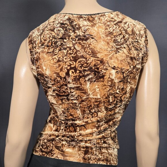 Vintage 90s Y2K Velvet Lace Up Top Brown Beige Paisley Fairy Grunge Size M - Picture 6 of 11